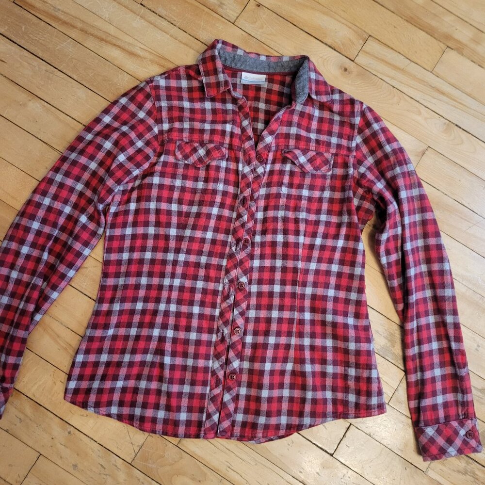 Columbia Red Plaid Flannel Shirt Women's XS Cotton Button Down‎ Fleece Lined